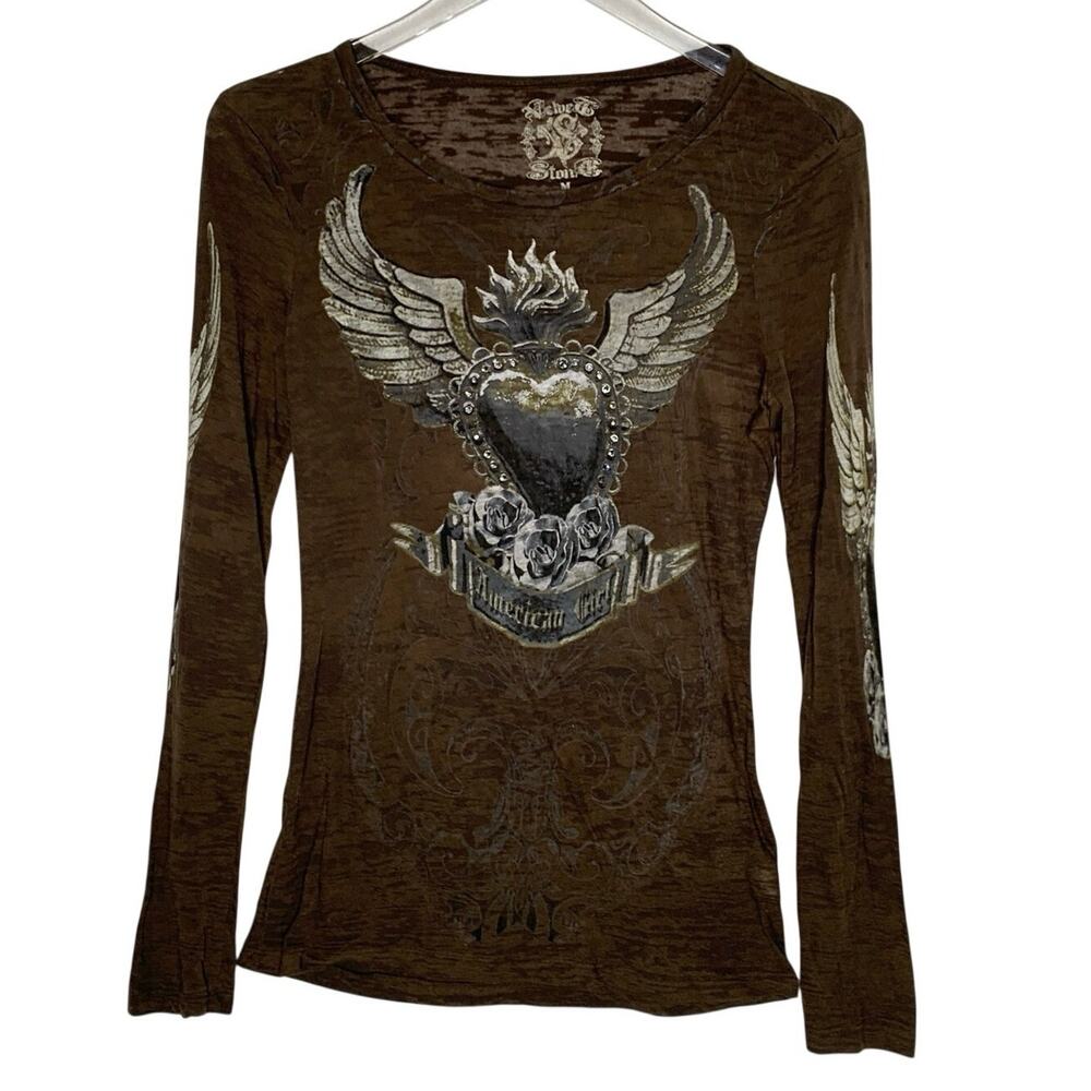 Velvet Stone Chocolate Brown Y2K 90s Tee M Rhinestone Winged Heart Graphic